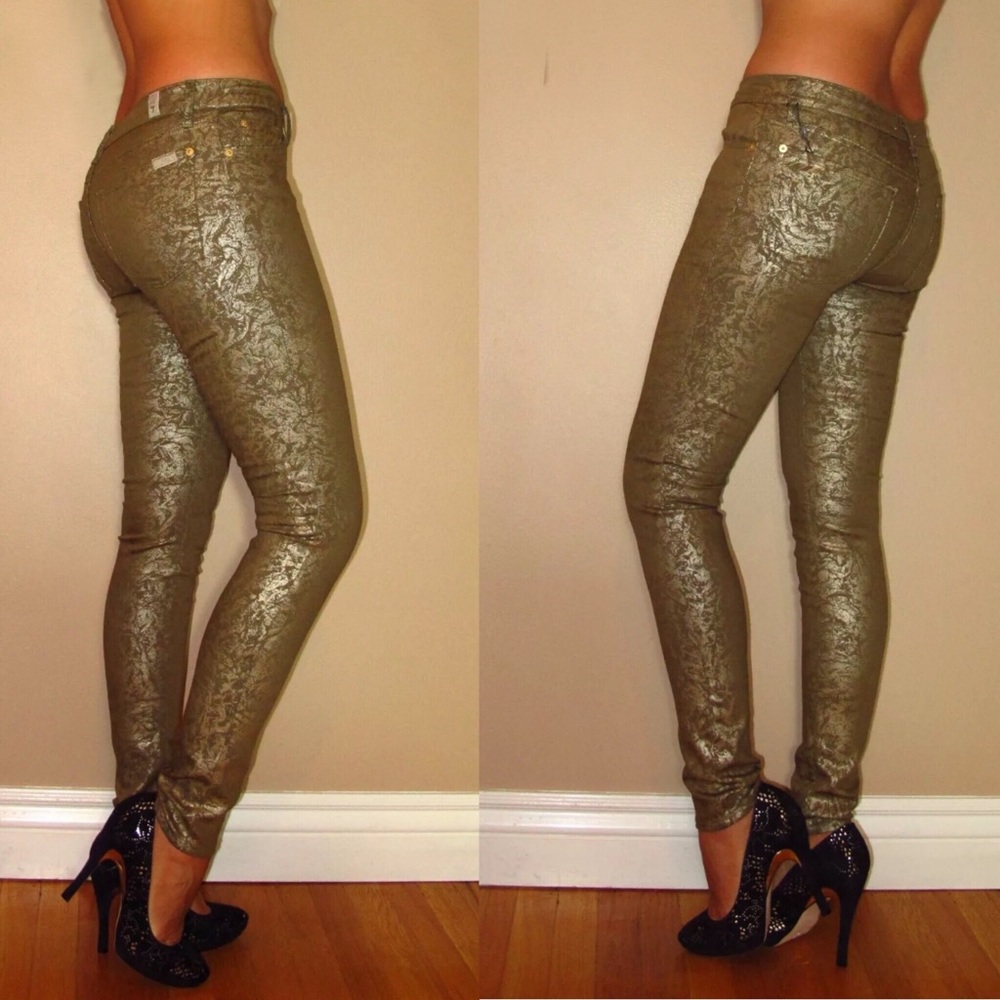 7 For All Mankind Gold Leaf Coated Skinny Jeans Size 25 Stretch
